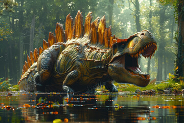 A fearsome Spinosaurus, with its sail-like dorsal fin and crocodile-like jaws, dominating...