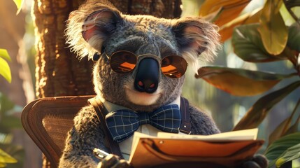 A charismatic koala, sporting a bowtie and a pair of aviator sunglasses, chills in his eucalyptus tree office, dictating emails with a gruff voice and a surprisingly sharp business mind - obrazy, fototapety, plakaty
