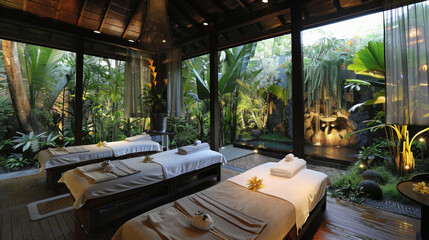 A spa with three massage beds and a large window