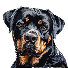 beautiful portrait of a Rottweiler, isolated on a transparant background, simple line drawing with colors. Beautiful portrait of an adult Rottweiler. Hand drawing of a dog.