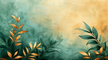 Beautiful gold decoration art wallpaper with golden leaves, plant and bamboo of curves of the line, green background, with a floral pattern with gold leaves, plant and bamboo of curvature of the