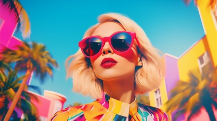 pop art collage of a blonde model girl with peculiar sunglasses on a palm tree summer vibe...