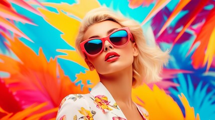 pop art collage of a blonde model girl with peculiar sunglasses on a palm tree summer vibe...