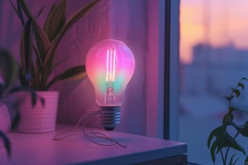 A hightech light bulb, equipped with AI, adjusts its brightness based on the mood and activities in the room, glowing with a soft neon hue