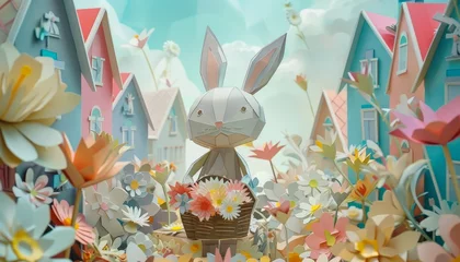 Foto op Aluminium A majestic papercut Easter bunny, holding a basket overflowing with papercut flowers, parades through a town square filled with joyful papercut figures, a springtime leader © JK_kyoto