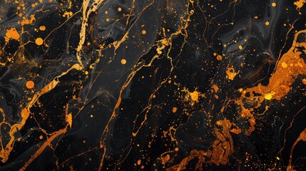 Black abstract marble background with splashes and orange lines - obrazy, fototapety, plakaty