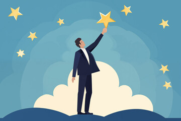 Business graphic vector modern style illustration of business people with a star representing great service glowing five star review reference resume service or product reaching for the stars
