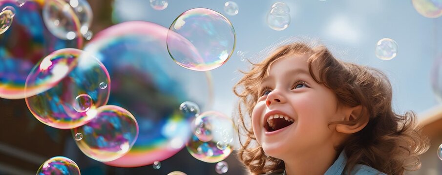 Joyful image of a kid blowing colorful bubbles, capturing a moment of fun and harmony with a focus on their hands