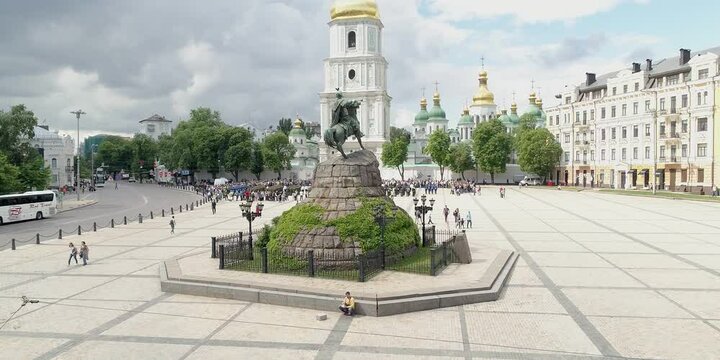 Sofia Kyivska square with stone monument Kyiv Ukraine. City view, Kyiv cityscape, city hub sightseeing, urban environment and cultural landmark