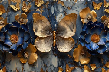 3 panel wall art, marble background with golden and silver flowers designs, blue flowers