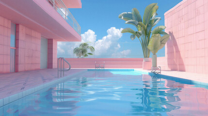 A pink building with a pool and a palm tree