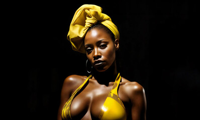 African american model with a yellow turban matching yellow bikini against a black background. Copy space