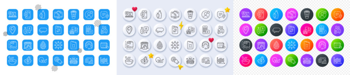 Best friend, Card and Water bottle line icons. Square, Gradient, Pin 3d buttons. AI, QA and map pin icons. Pack of Floor plan, Canister, Accounting icon. Vector