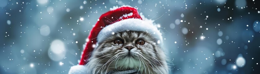 A small Persian cat dressed in a Santa hat and silver scarf, kawaii, bright water color