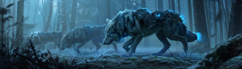 A team of roboticenhanced wolves patrol a forest, using advanced sensory gear to manage and protect the ecosystem, illuminated by futuristic, blue lights - obrazy, fototapety, plakaty