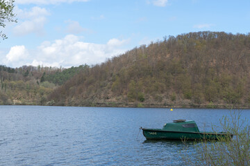 Full water reservoir at the german lake Edersee at the village Asel - obrazy, fototapety, plakaty