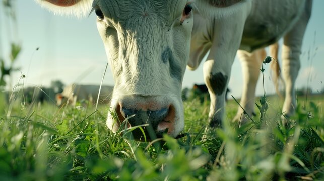 Close up film photography of a cow grazing on the green grass
