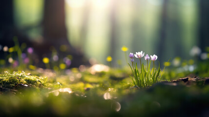 Tiny flowers blooming on forest floor in springtime, blurred bokeh background.