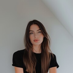 Obraz premium European woman in black clothes on a gray background. Authentic image of an attractive woman.