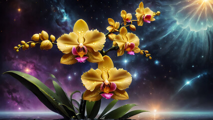 colorful yellow orchid flower on abstract space background. bright flowers. oil illustration