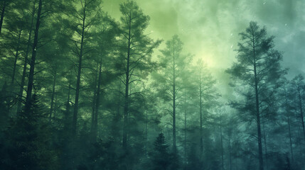 Enchanting illustration of a misty forest with sunlight filtering through