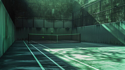 A tennis court with a net and a green wall - Powered by Adobe