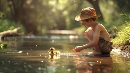 Beside a gentle stream, a boy in a fishermans hat shows a tiny duckling how to swim, his feet splashing lightly in the cool water