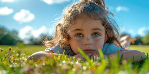 A little girl laying on the grass and inspecting insects on the ground