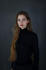 European woman in black clothes on a dark background. Authentic image of an attractive woman.