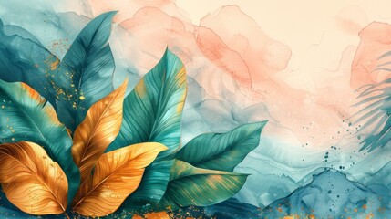 The background of this art work is abstract. It is composed of golden elements. The background is textured. You can see flowers, plants, tropical, leaves, posters, cards, murals, rugs, hangings, - obrazy, fototapety, plakaty