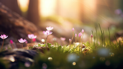 Tiny flowers blooming on forest floor in springtime, blurred bokeh background.