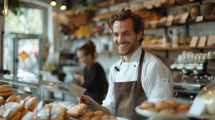 Smiling waiter taking order from customer at counter