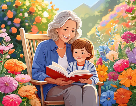 Mulher de meia idade lendo um livro para uma criança sentada no meio de um jardim florido. Generative AI. IA generativa.