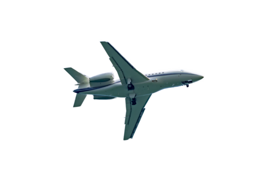 Isolated shot of a private business jet right preparing for landing on a transparent background. 