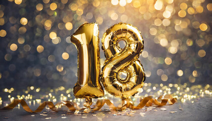 Banner with number 18 golden balloon. 18 years anniversary celebration. Dark glitter bokeh