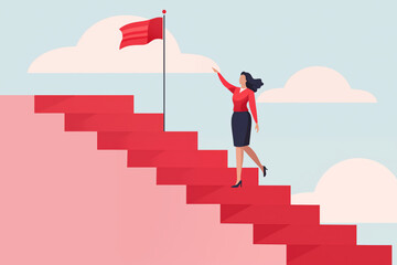 Business graphic vector modern style illustration of a business person climbing stairs reaching for a goal taking steps in career progressing up ladder to top