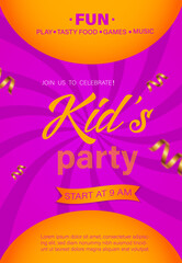 Vector illustration of vertical poster colorful kids party invitation, kids party concept, colorful invitation for birthday party.