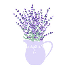Bouquet of lavender in a jug. Vector illustration isolated on a white background.