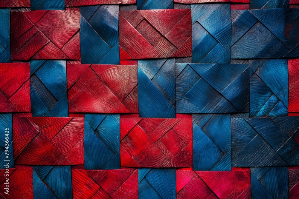 Poster bold abstract background with a textured pattern of red and blue squares in a dynamic composition