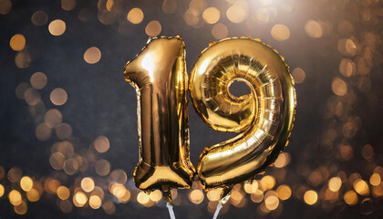 Banner with number 19 golden balloon. 19 years anniversary celebration. Dark glitter bokeh