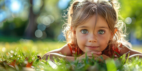A little girl laying on the grass and inspecting insects on the ground