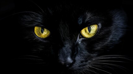 Black cat on black background with bright yellow eyes - Powered by Adobe