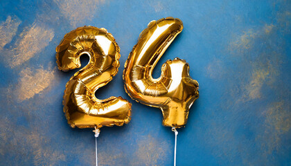 Banner with number 24 golden balloon. 24 years anniversary celebration. Bright blue background.