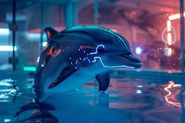 In a futuristic lab, a dolphin wearing a hightech interface communicates research findings through a neon display to human scientists