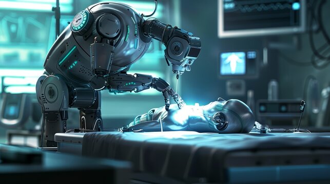 In a hightech medical facility, a robotic surgeon performs delicate operations, guided by holographic imaging and glowing tools