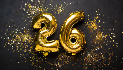 Banner with number 26 golden balloon. 26 years anniversary celebration. Black background.