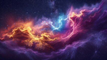 vibrant space scene featuring a multitude of clouds and stars shining brightly in a colorful display, Surreal swirls of color shaping a nebular cloud in space