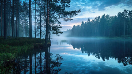 The water is calm and still, reflecting the trees and sky above