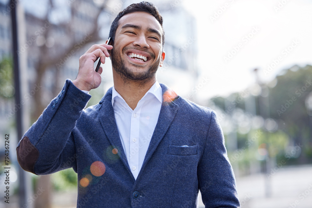 Poster Happy, businessman and fashion with phone call for talking, conversation and networking on commute to work. Excited, male consultant and smartphone for communication and connection with clients