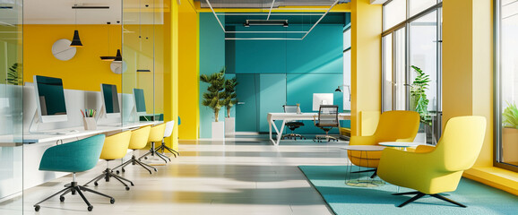 A colorful, contemporary office space with pops of bright teal and yellow against a backdrop of clean lines and minimalist furnishings, with plenty of copy space.